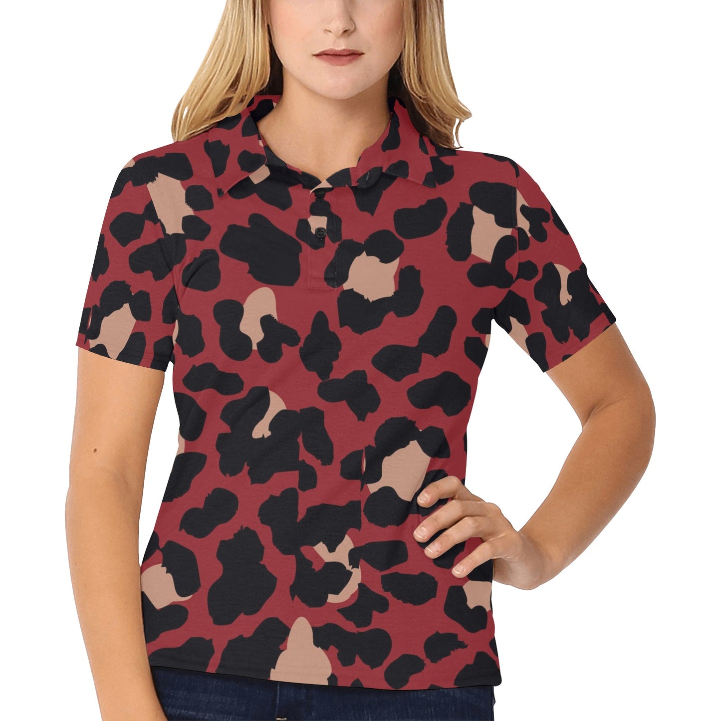 Cheetah Red Print Pattern Women's Polo Shirt