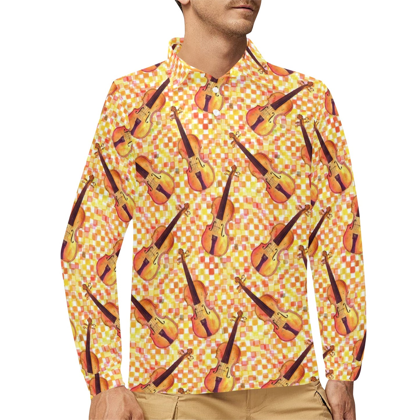 Violin Pattern Print Design 03 Long Sleeve Polo Shirt For Men's