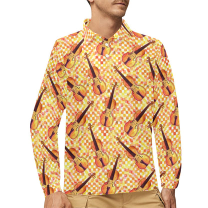 Violin Pattern Print Design 03 Long Sleeve Polo Shirt For Men's