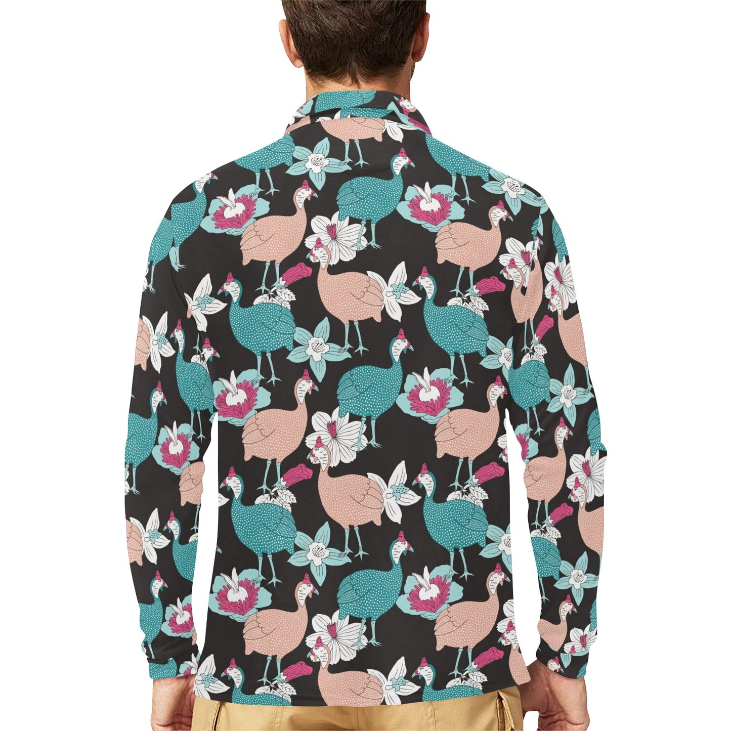 Guinea Fowl Pattern Print Design 03 Long Sleeve Polo Shirt For Men's