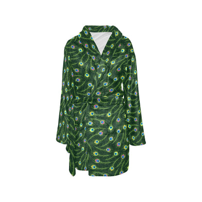Peacock Feather Green Design Print Women's Fleece Robe