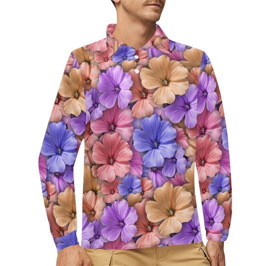 Colorful Geranium Pattern Long Sleeve Polo Shirt For Men's