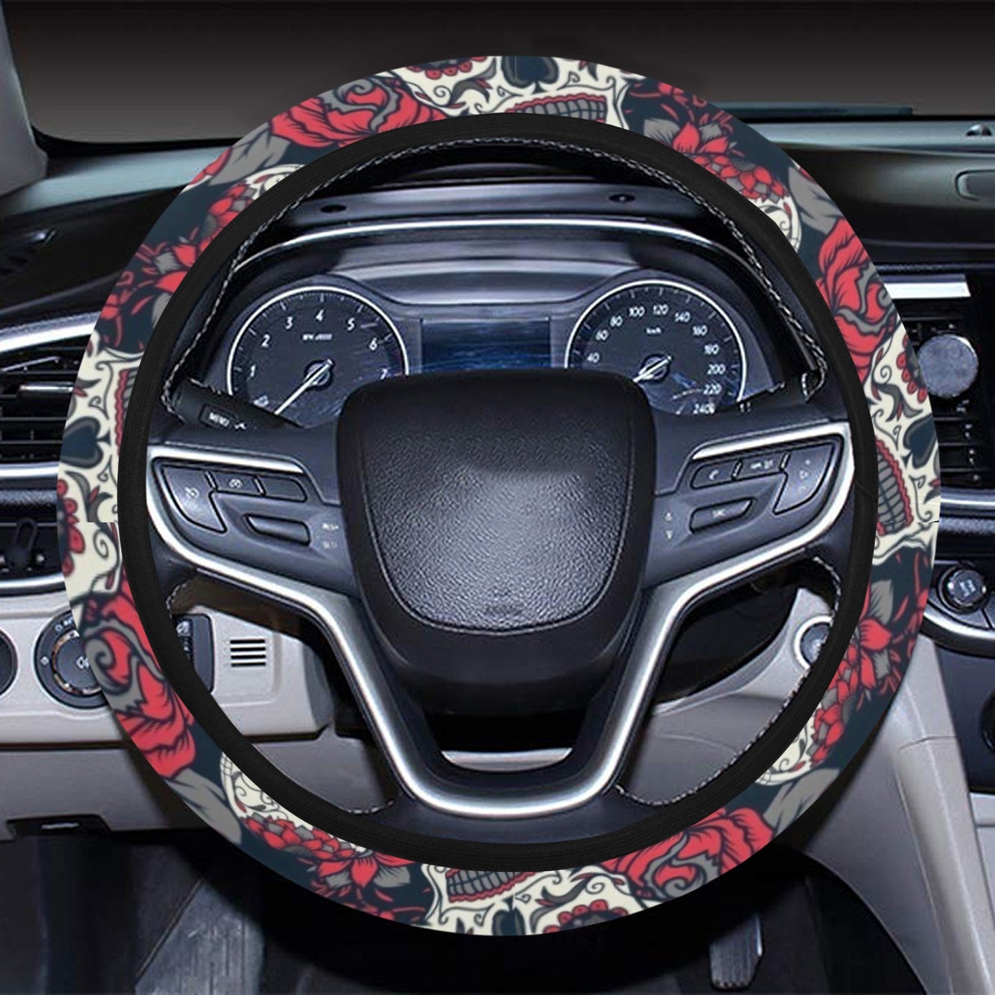 Sugar Skull Print Design LKS303 Steering Wheel Cover with Elastic Edge