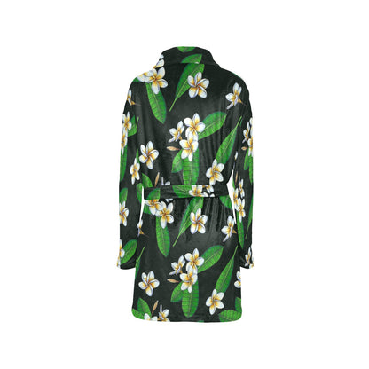 White Plumeria Pattern Print Design PM023 Women's Fleece Robe