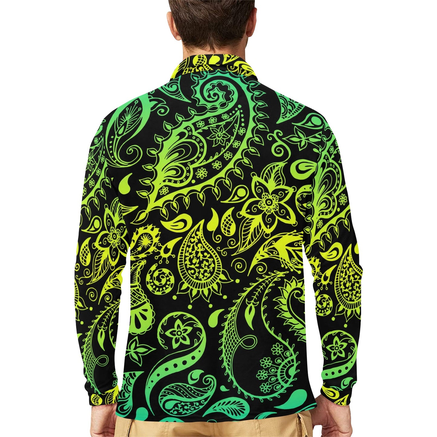 Paisley Green Design Print Long Sleeve Polo Shirt For Men's