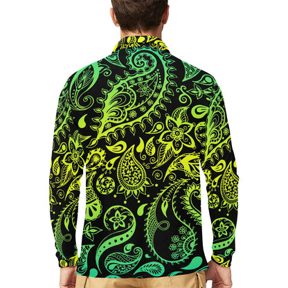 Paisley Green Design Print Long Sleeve Polo Shirt For Men's