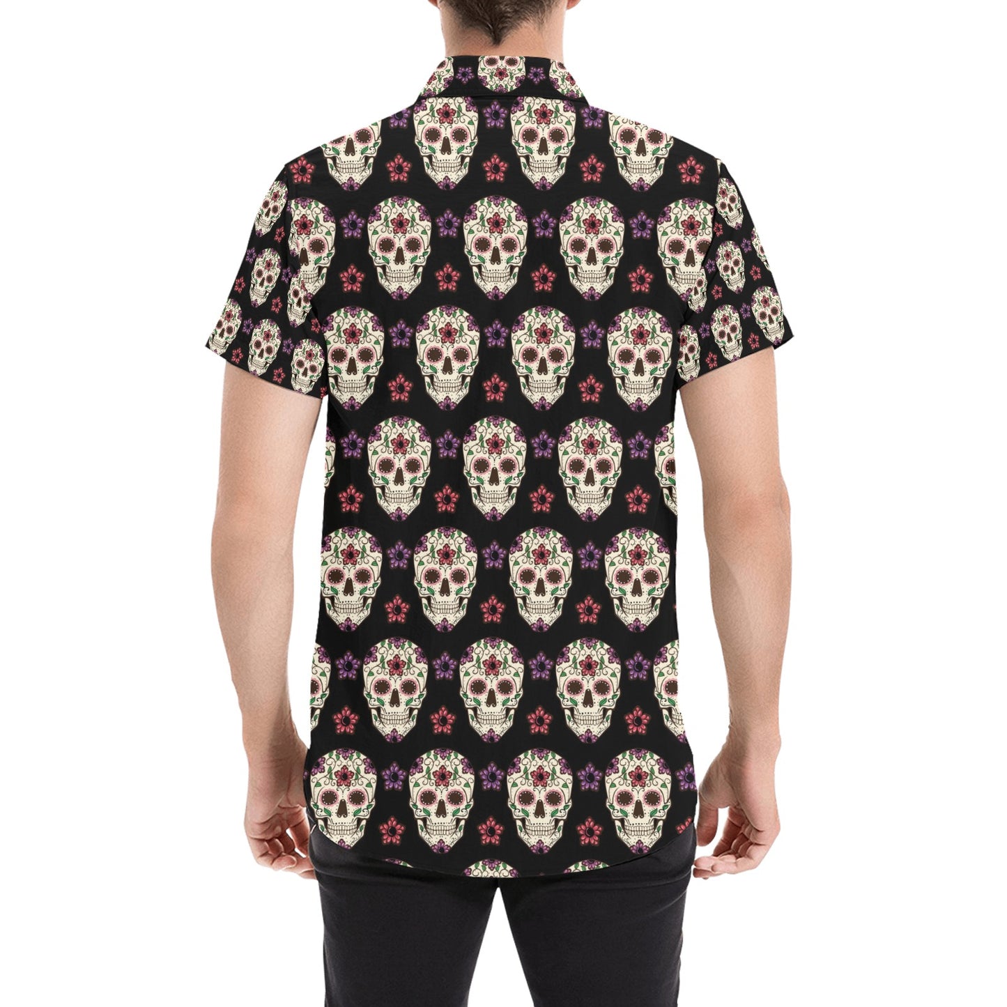 Sugar Skull Print Design LKS304 Men Short Sleeve Button Up Shirt