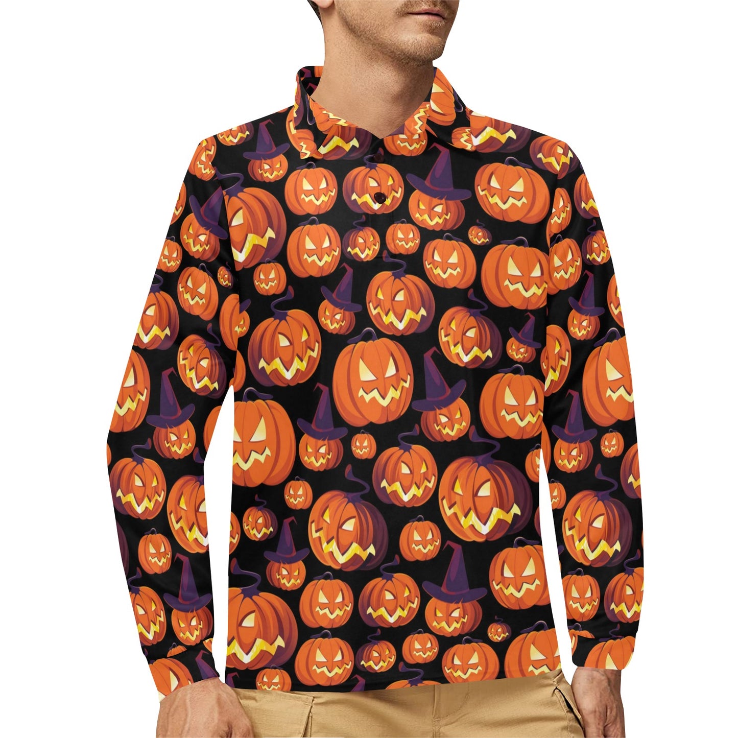 Halloween Pattern Print Design 04 Long Sleeve Polo Shirt For Men's