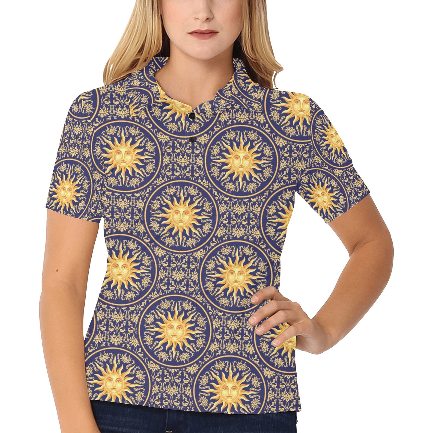 Celestial Gold Sun Face Women's Polo Shirt