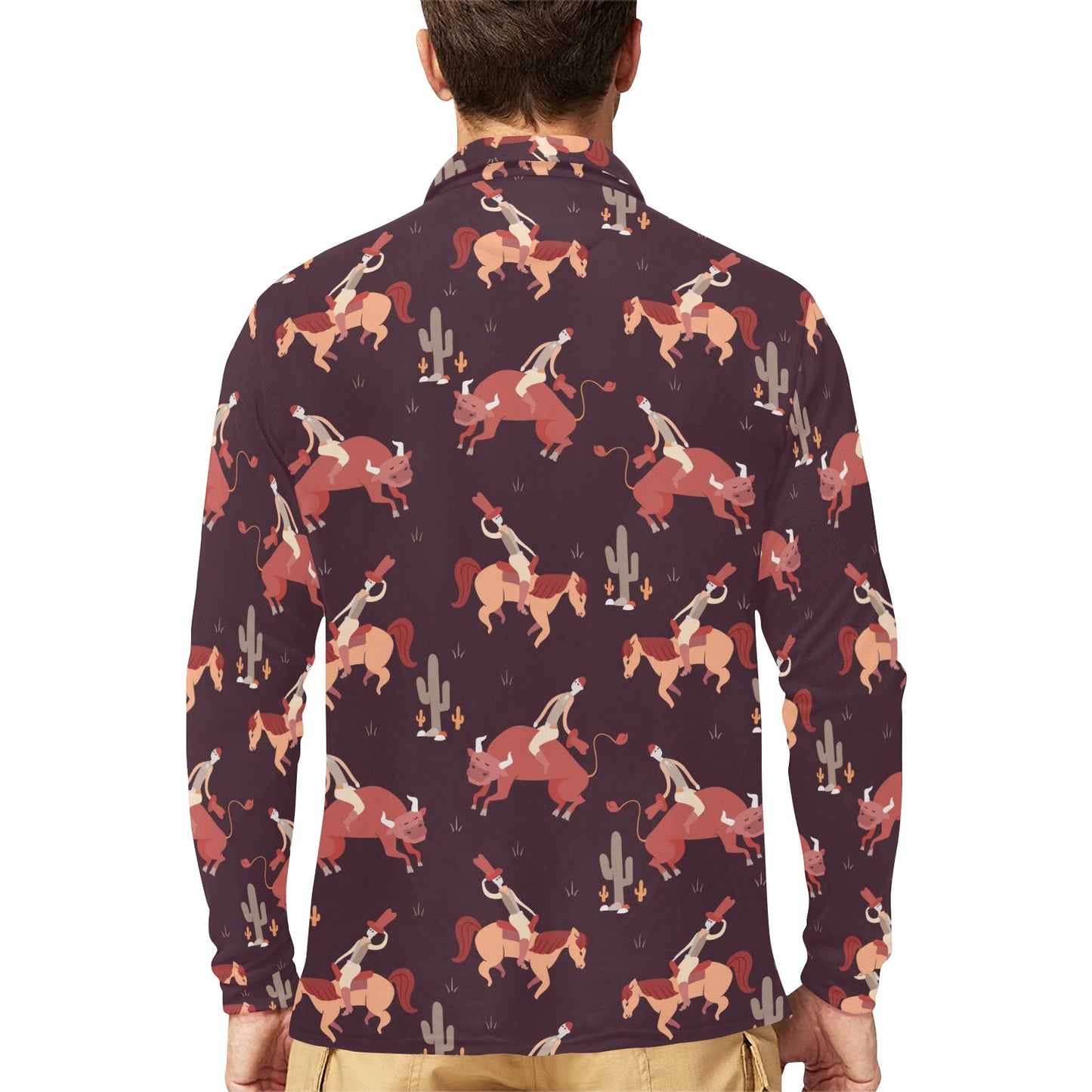 Rodeo Pattern Print Design A01 Long Sleeve Polo Shirt For Men's