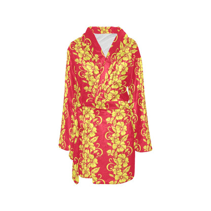 Orange Hibiscus Pattern Print Design HB018 Women's Fleece Robe