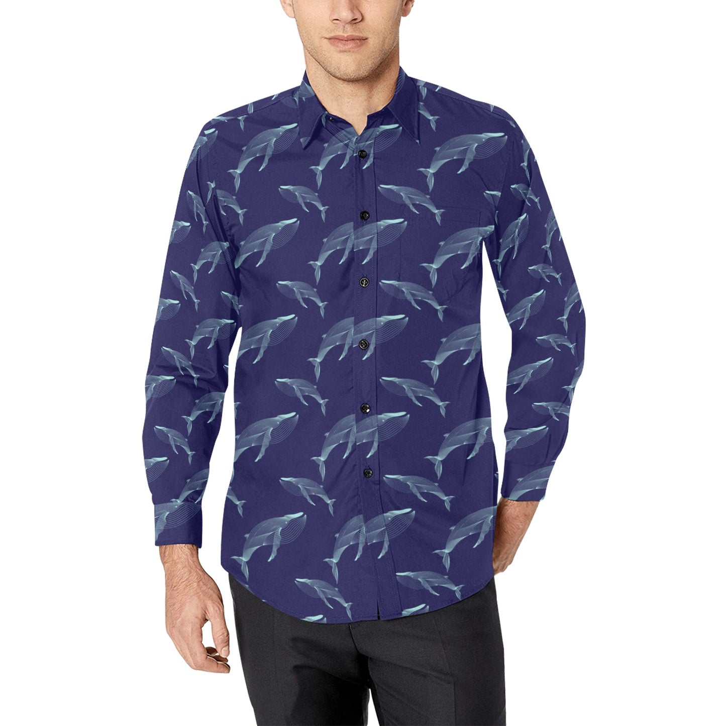 Blue Whale Print Design LKS402 Men's Long Sleeve Dress Shirt