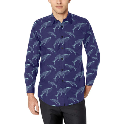 Blue Whale Print Design LKS402 Men's Long Sleeve Dress Shirt