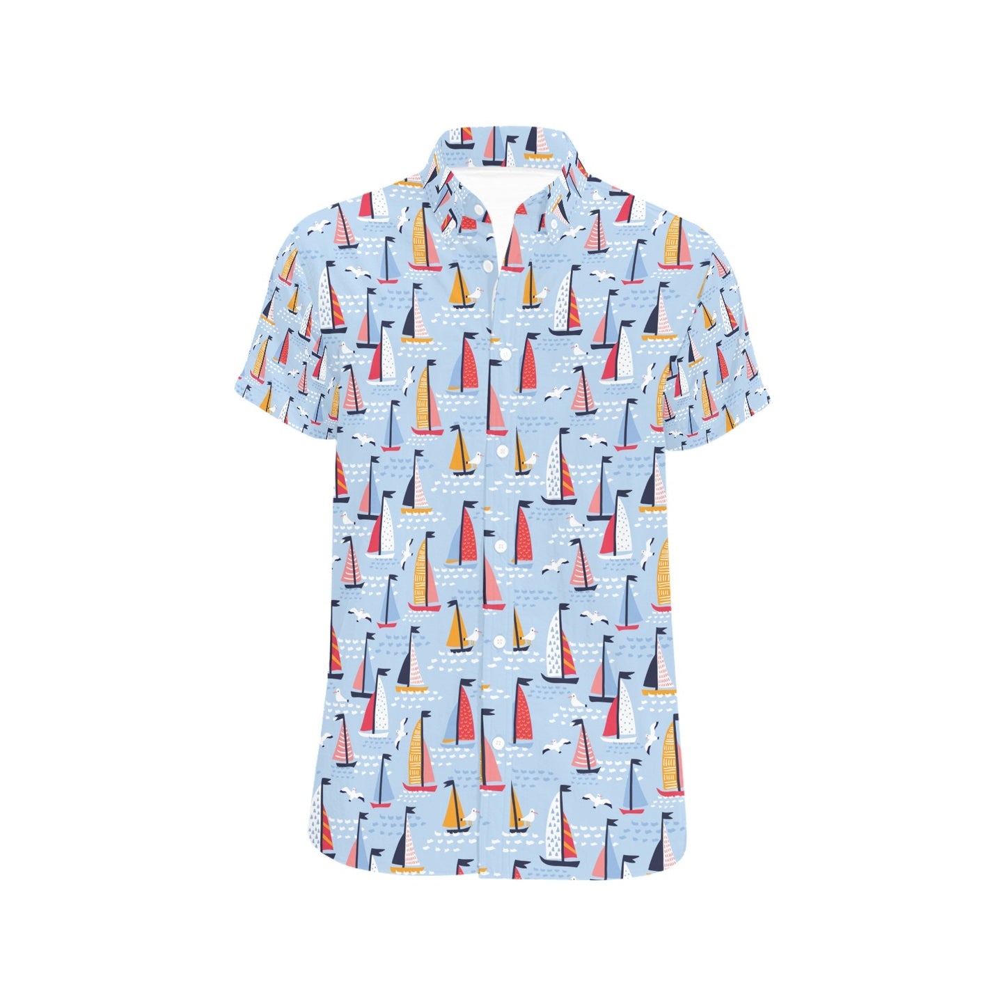 Sailboat Print Design LKS304 Men Short Sleeve Button Up Shirt