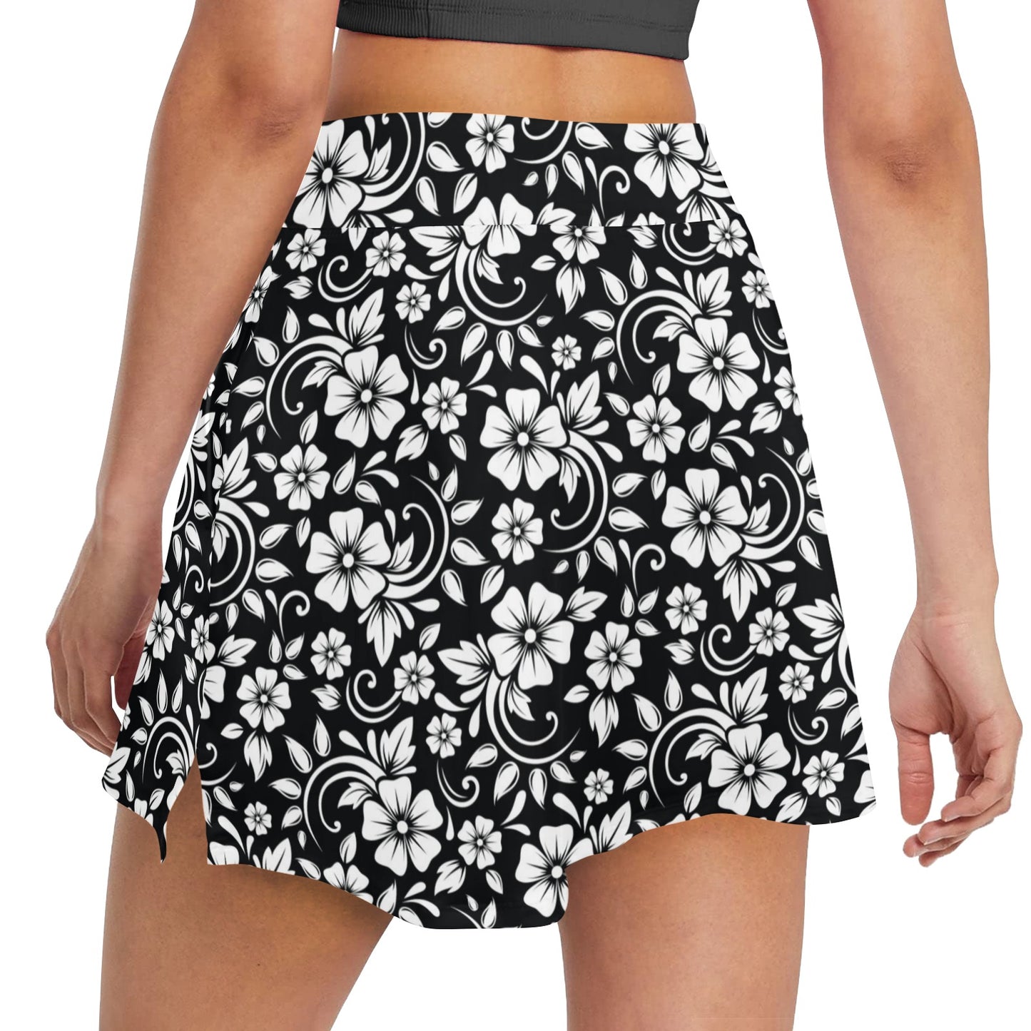 Floral Black White Themed Print 17" Golf & Pickleball Skort with Pockets