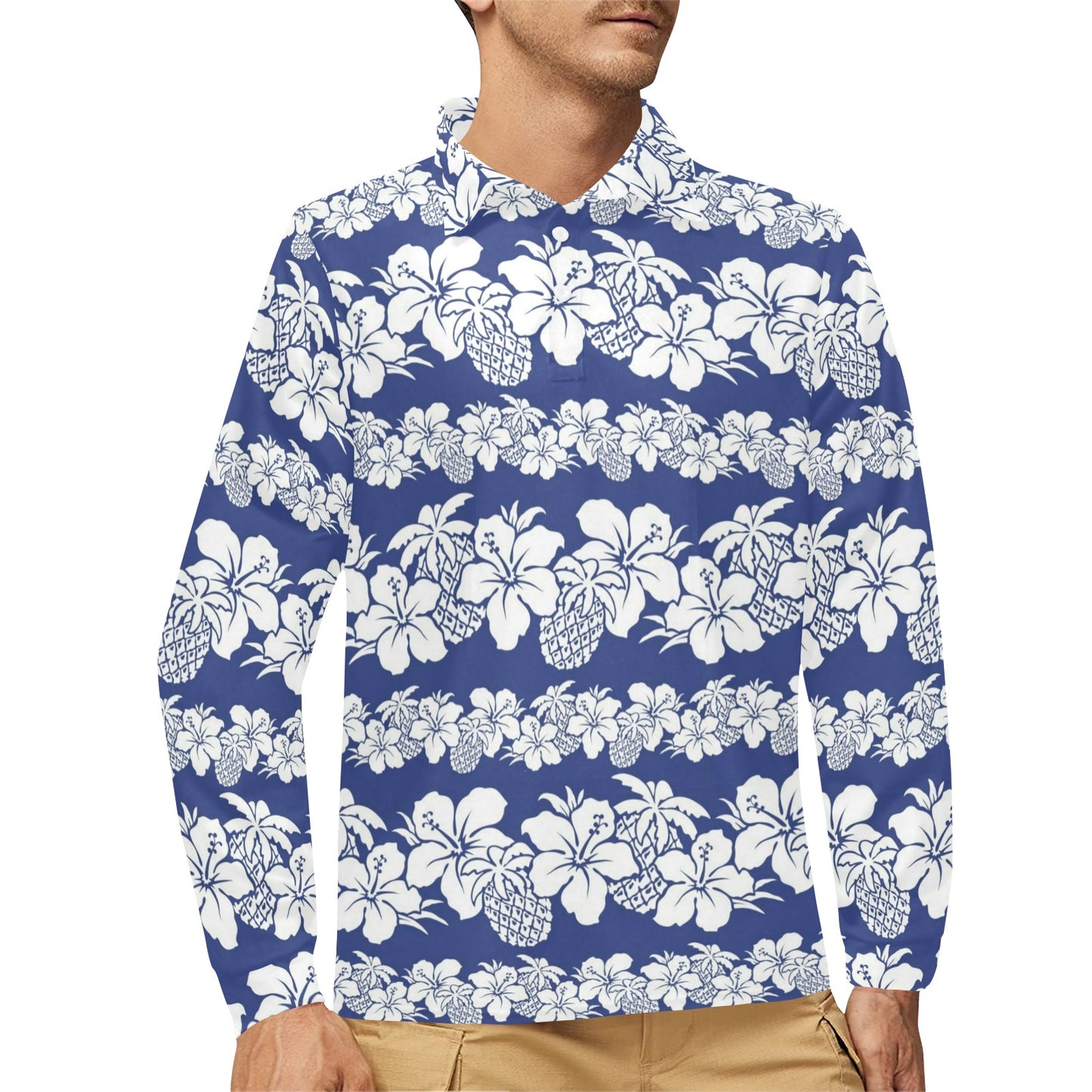 Hawaiian Themed Pattern Print Design H07 Long Sleeve Polo Shirt For Men's