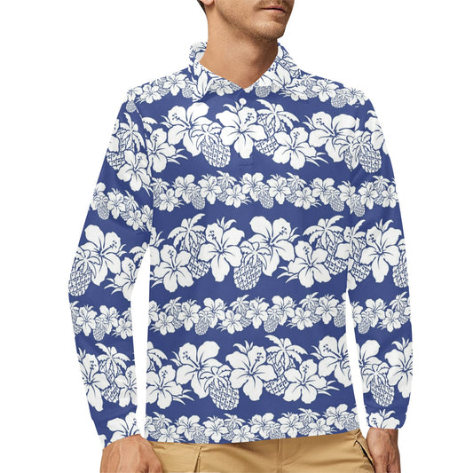 Hawaiian Themed Pattern Print Design H07 Long Sleeve Polo Shirt For Men's