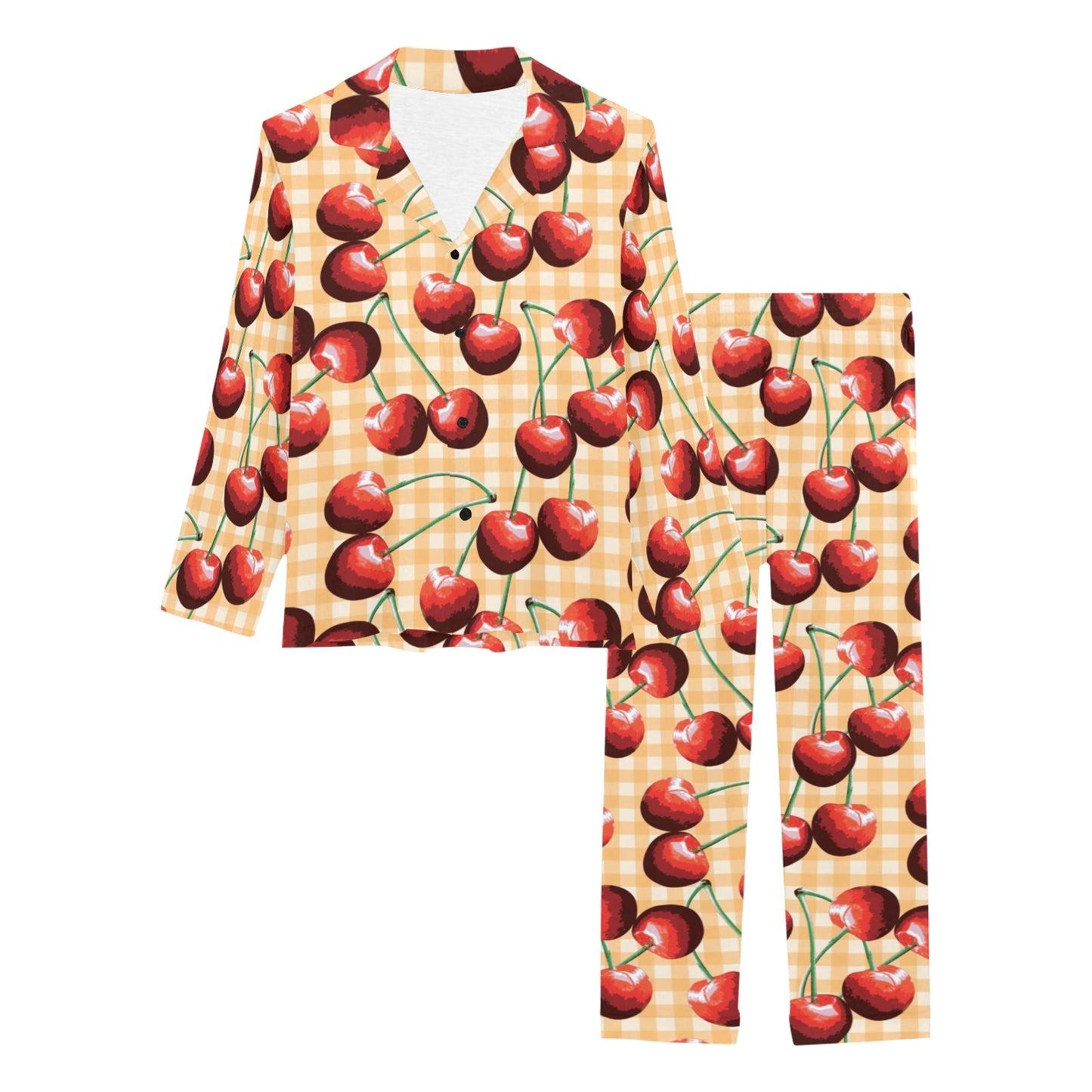 Cherry Orange Plaid Print Women's Long Pajama Set