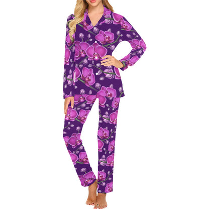 Orchid Pattern Print Design A03 Women's Long Pajama Set