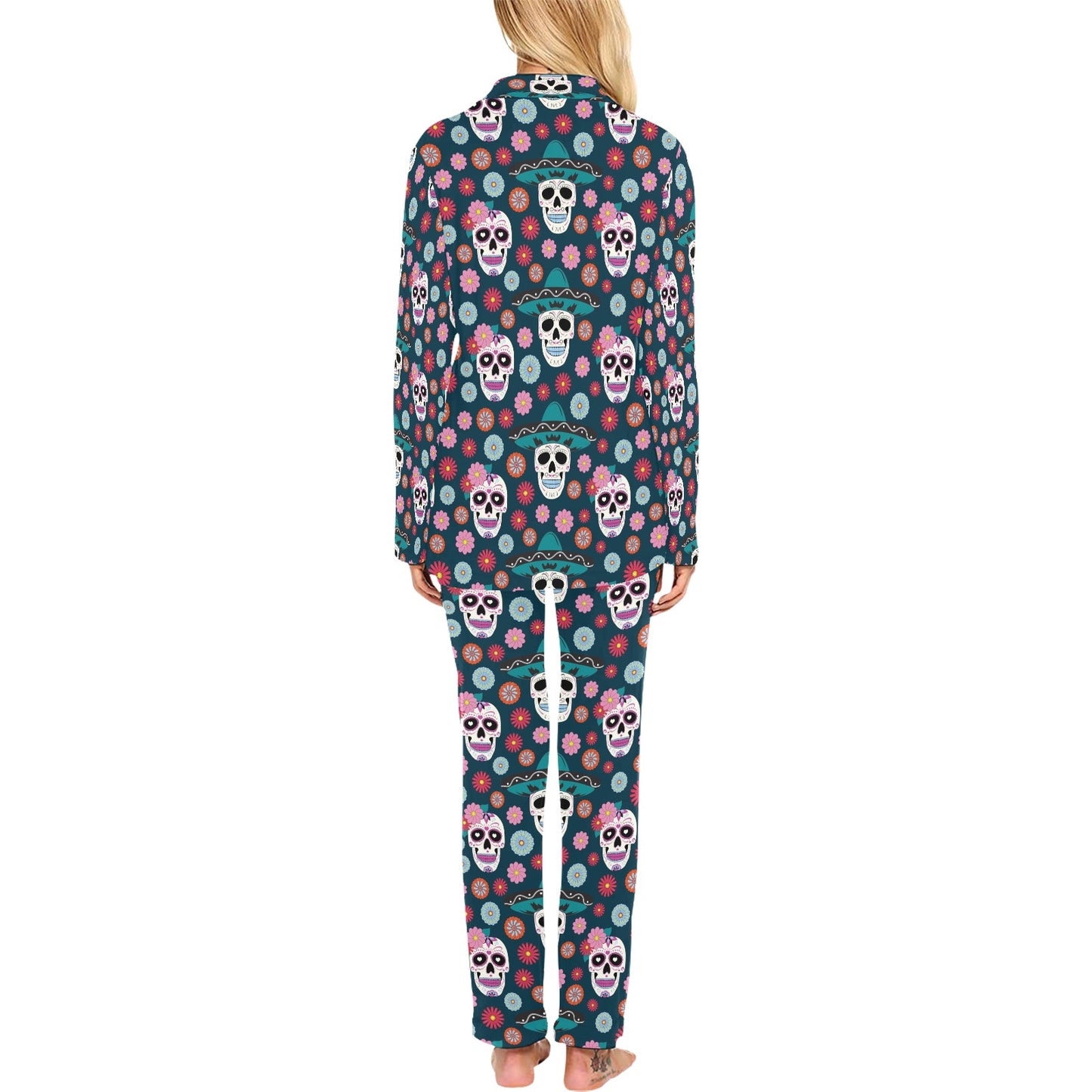 Sugar Skull Print Design LKS308 Women's Long Pajama Set