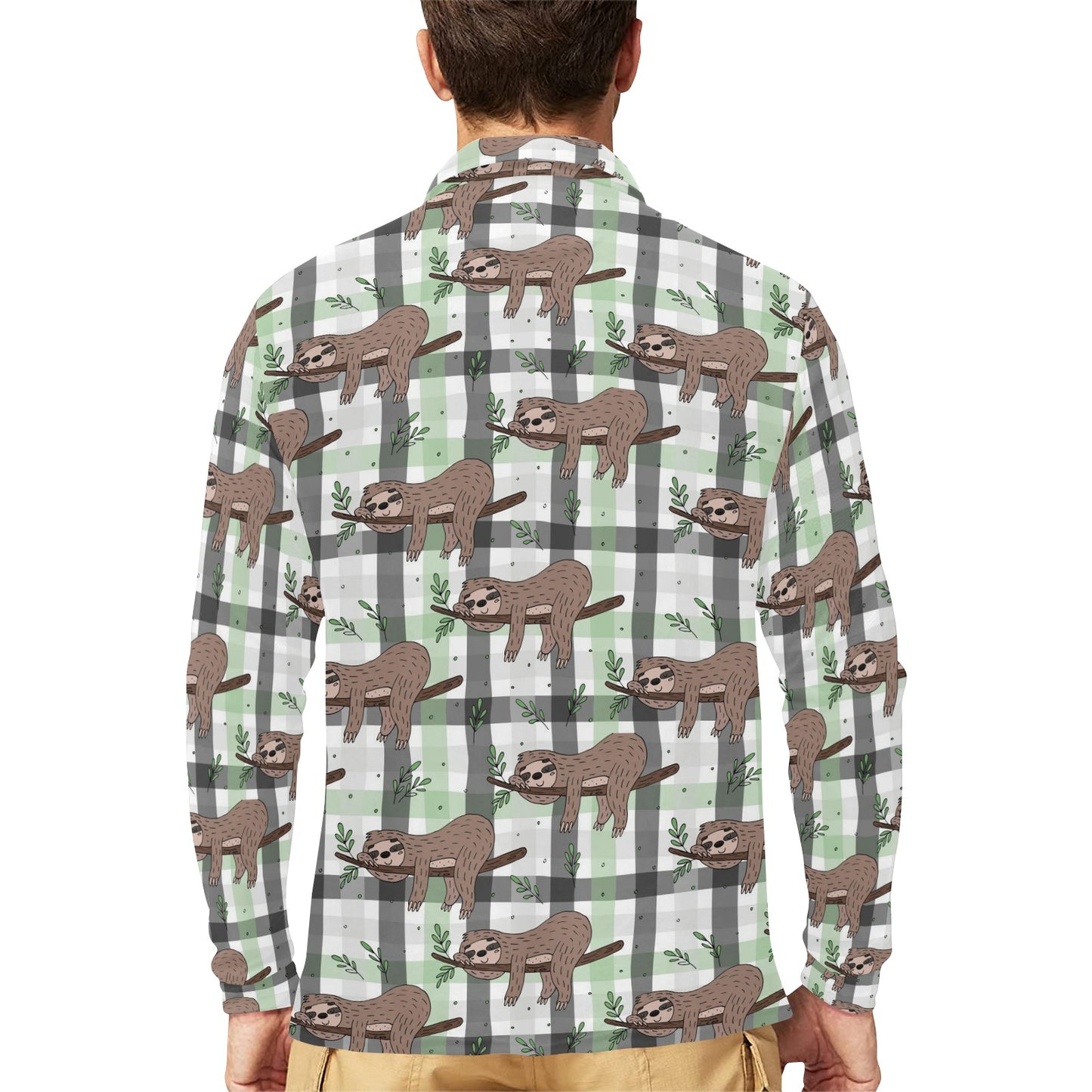 Sloth Print Design LKS301 Long Sleeve Polo Shirt For Men's