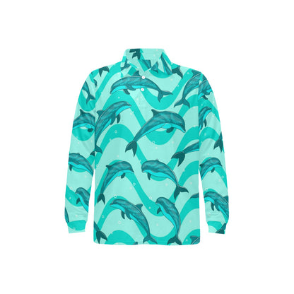 Dolphin Wave Print Long Sleeve Polo Shirt For Men's