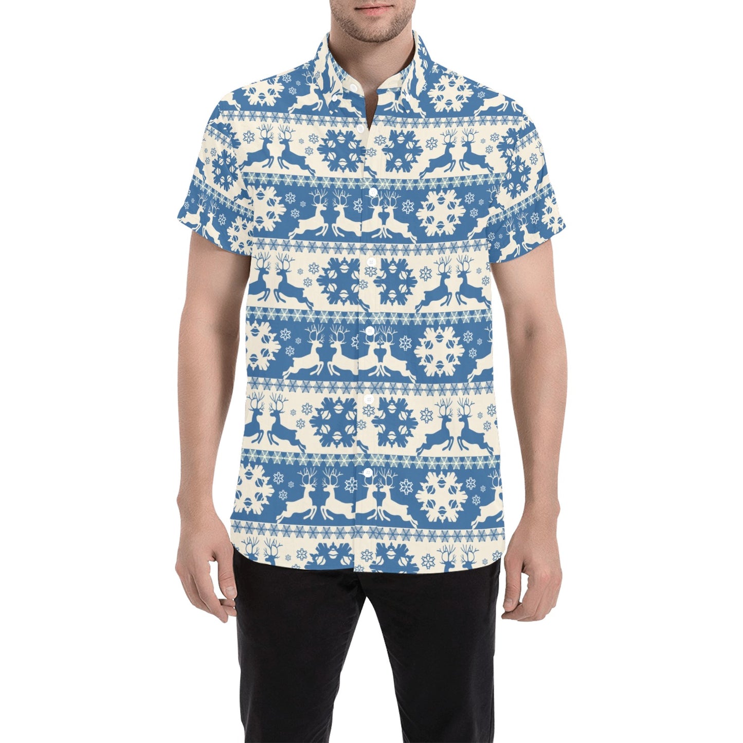Reindeer Print Design LKS401 Men Short Sleeve Button Up Shirt