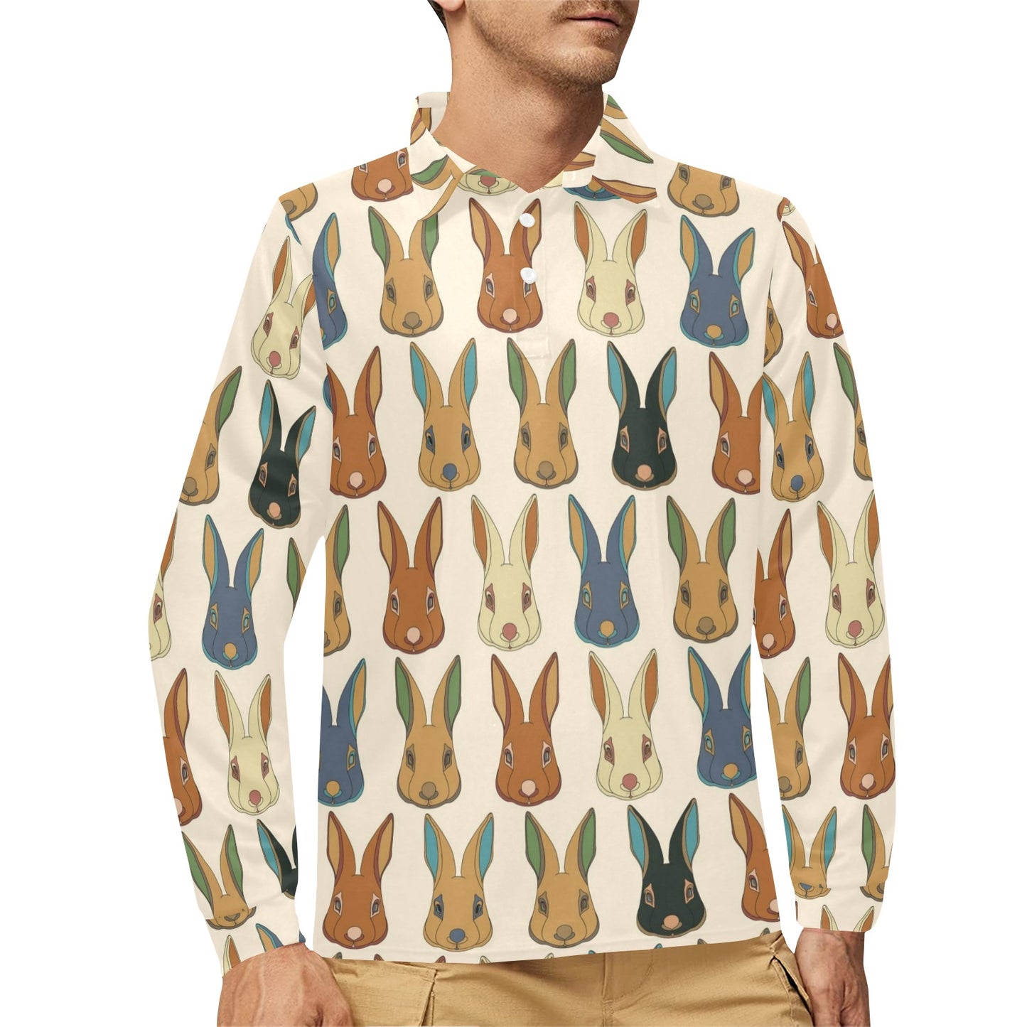 Rabbit Pattern Print Design RB04 Long Sleeve Polo Shirt For Men's