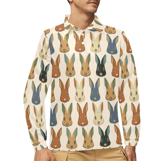 Rabbit Pattern Print Design RB04 Long Sleeve Polo Shirt For Men's
