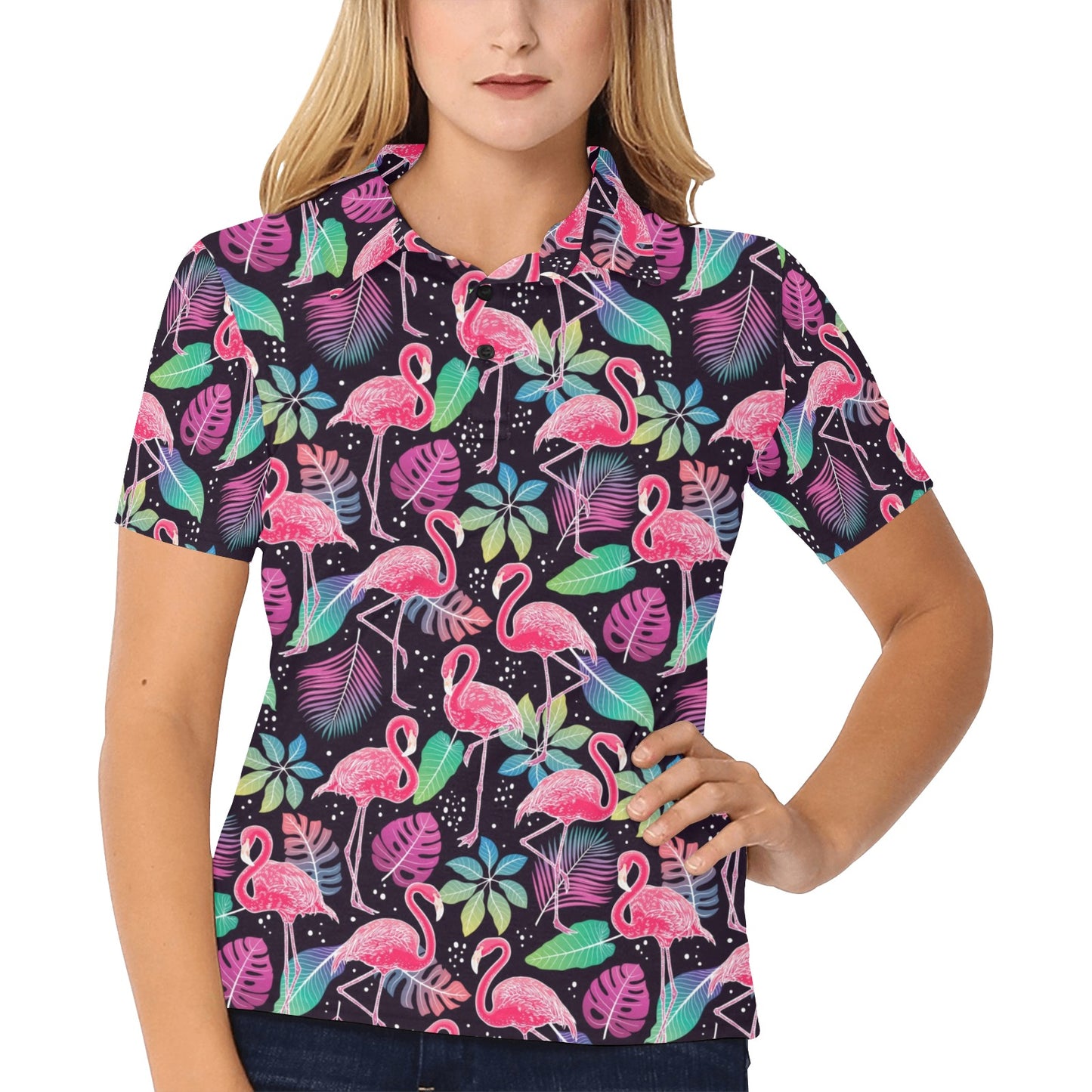 Flamingo Tropical leaves Neon Print Women's Polo Shirt