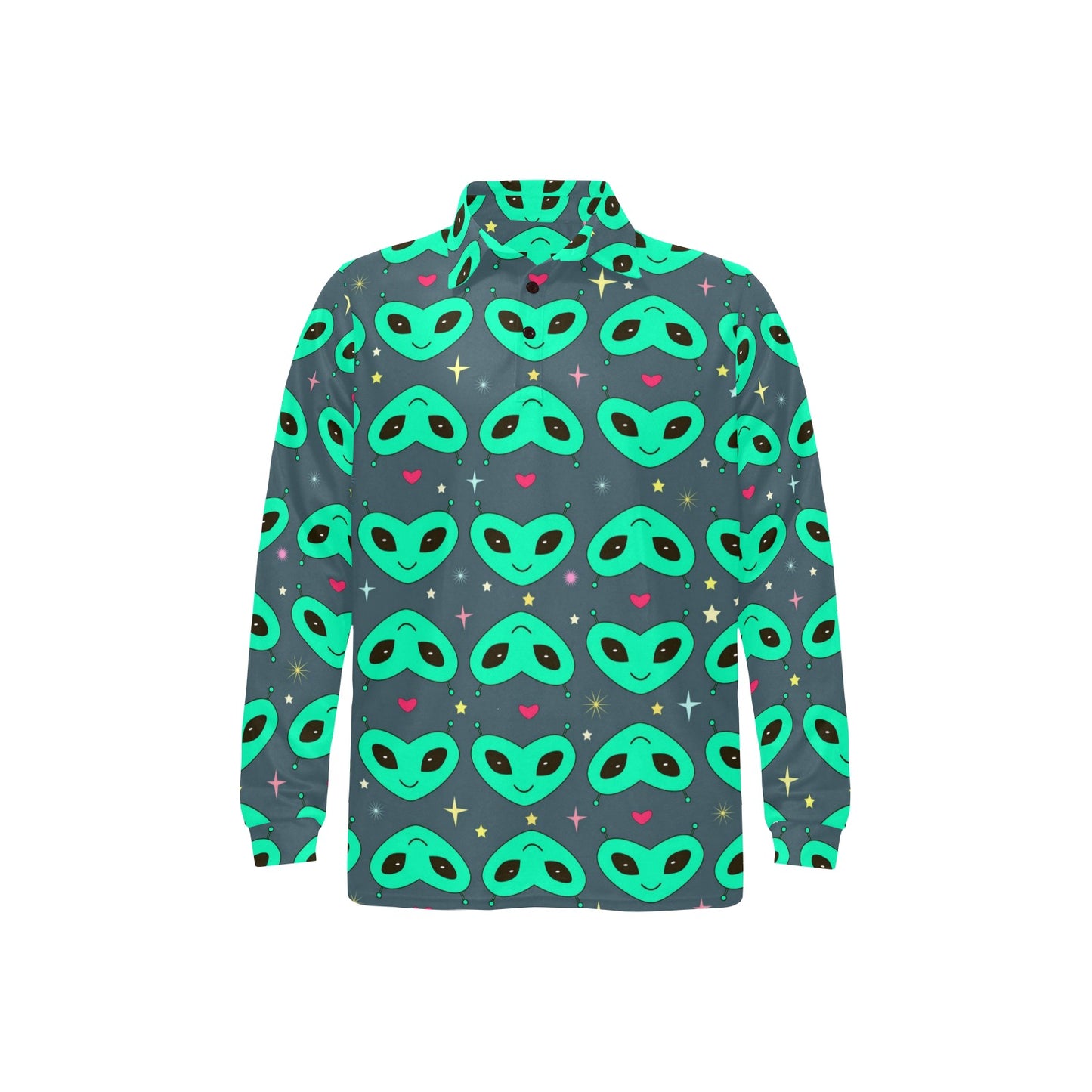 Alien Head Heart Pattern Print Design 03 Long Sleeve Polo Shirt For Men's
