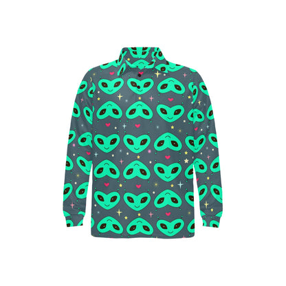 Alien Head Heart Pattern Print Design 03 Long Sleeve Polo Shirt For Men's