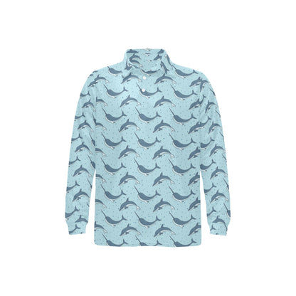 Narwhal Dolphin Print Long Sleeve Polo Shirt For Men's