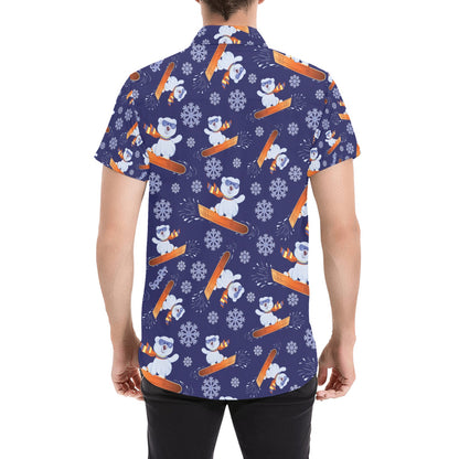 Snowboard Bear Print Design LKS305 Men Short Sleeve Button Up Shirt