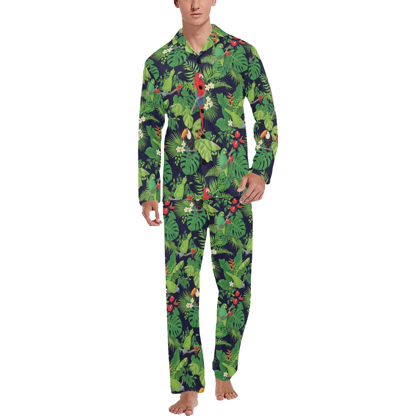 Rainforest Parrot Pattern Print Design A03 Men's Long Pajama Set