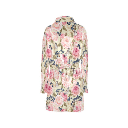 Floral Pink Butterfly Print Women's Fleece Robe