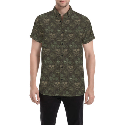 Skull Camo Style Print Design LKS308 Men Short Sleeve Button Up Shirt