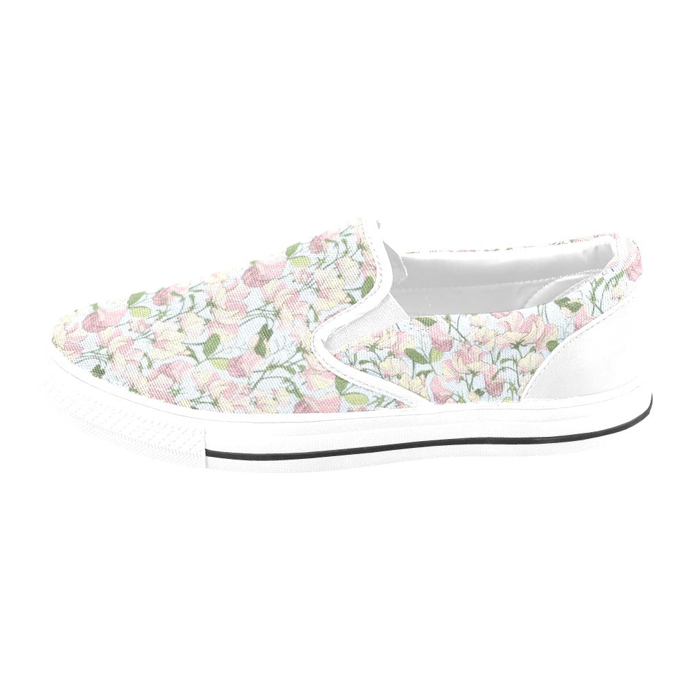 Sweet Pea Print Design LKS304 White Slip Ons Canvas Women's Shoes