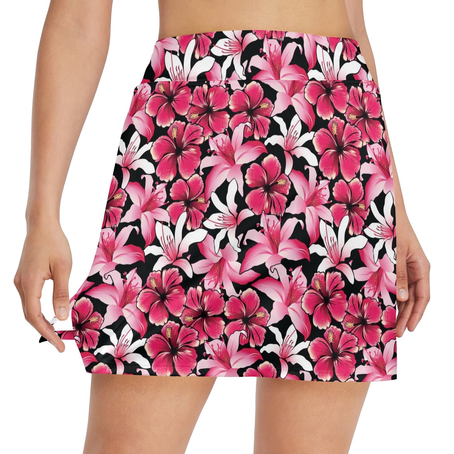 Flower Hawaiian Pink Red Hibiscus Print 17" Golf & Pickleball Skort with Pockets