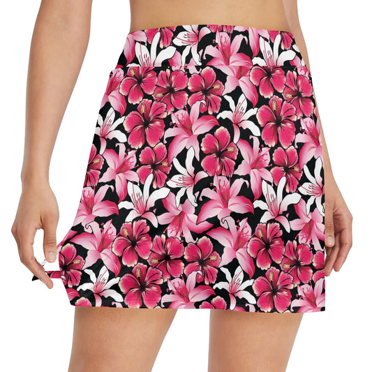 Flower Hawaiian Pink Red Hibiscus Print 17" Golf & Pickleball Skort with Pockets