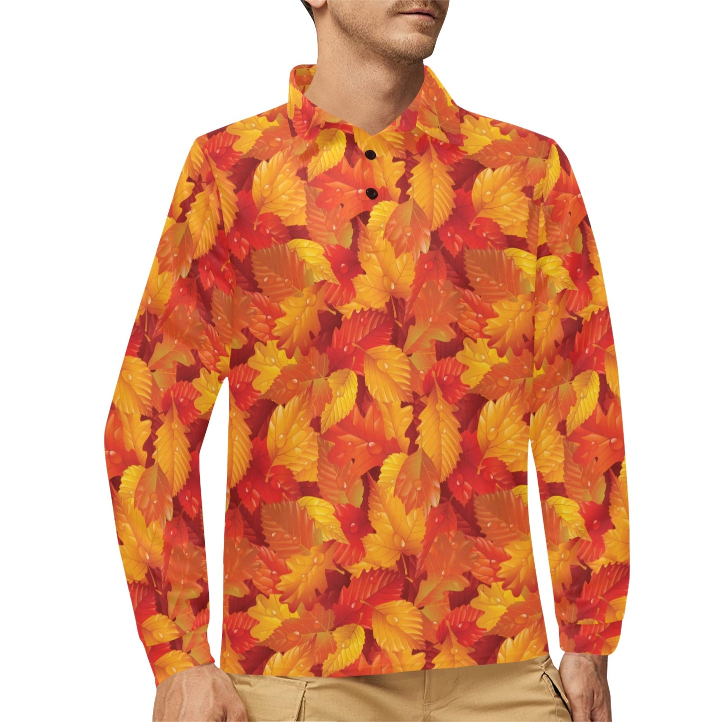 Elm Leave Autum Print Pattern Long Sleeve Polo Shirt For Men's