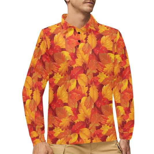 Elm Leave Autum Print Pattern Long Sleeve Polo Shirt For Men's