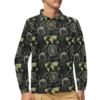 World Map Print Design LKS303 Long Sleeve Polo Shirt For Men's