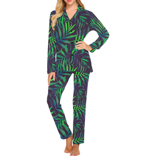 Palm Leaves Pattern Print Design PL01 Women's Long Pajama Set