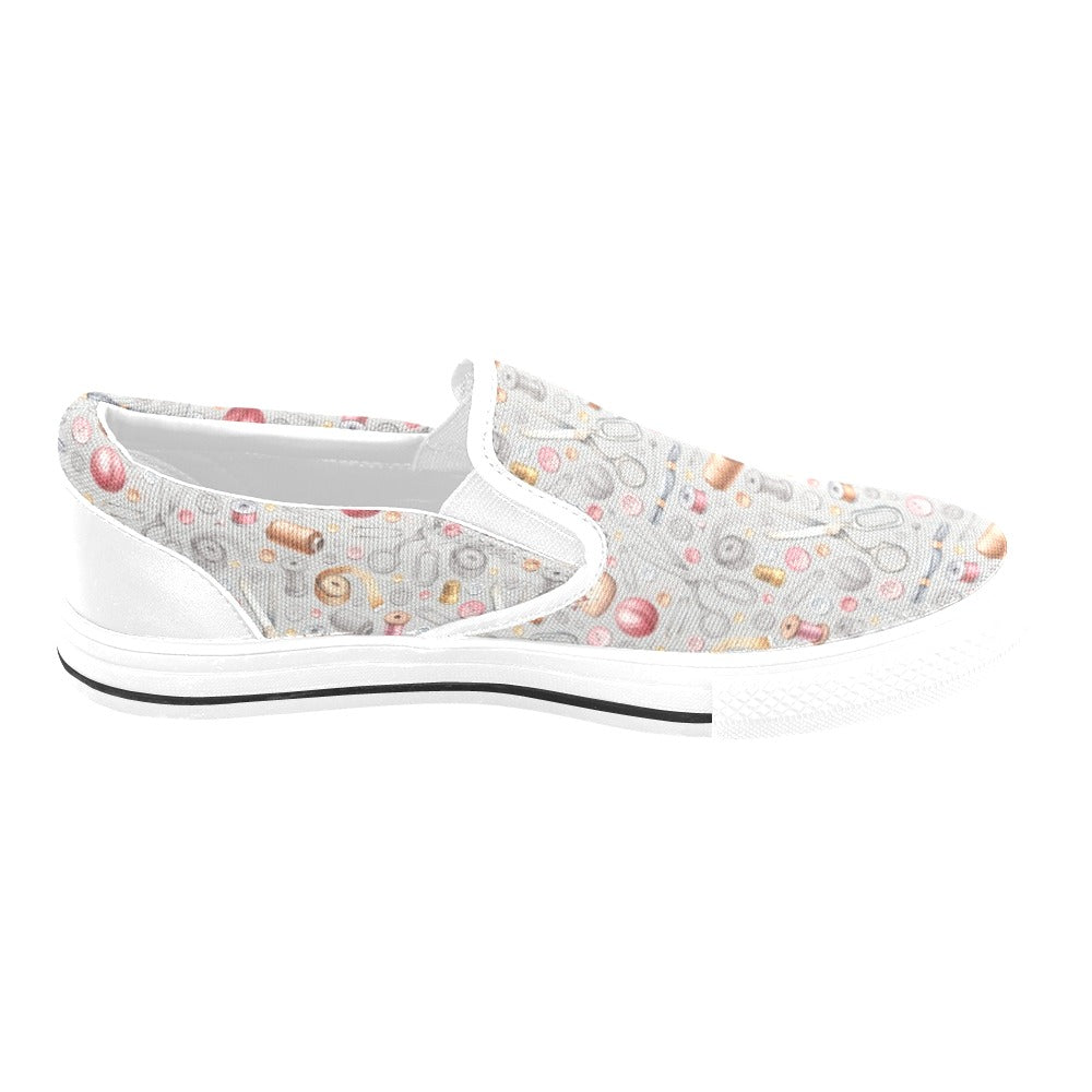 Sewing Equipment Print Design LKS302 White Slip Ons Canvas Women's Shoes