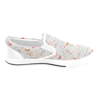 Sewing Equipment Print Design LKS302 White Slip Ons Canvas Women's Shoes