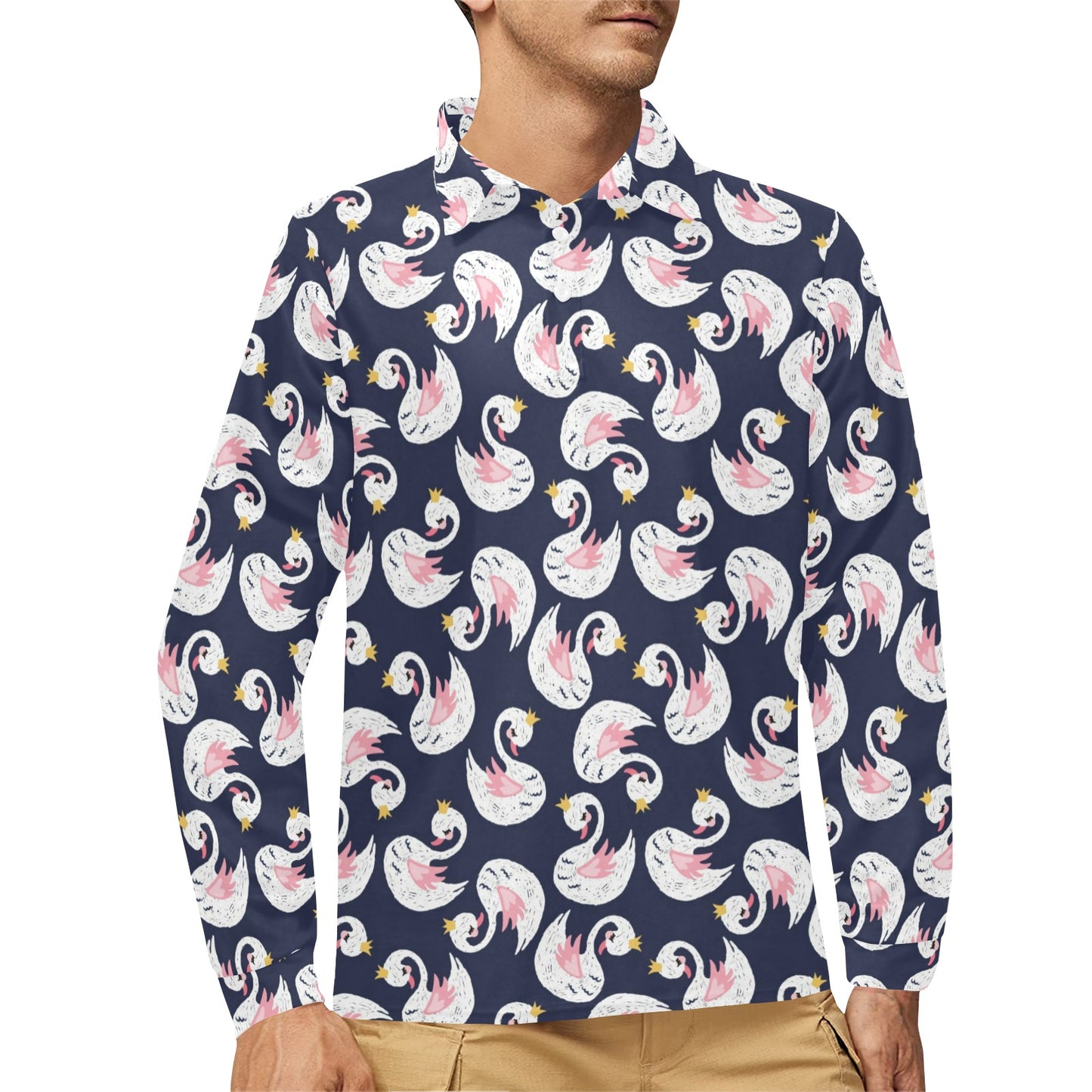 Swan Print Design LKS403 Long Sleeve Polo Shirt For Men's