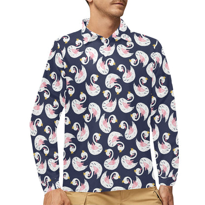 Swan Print Design LKS403 Long Sleeve Polo Shirt For Men's