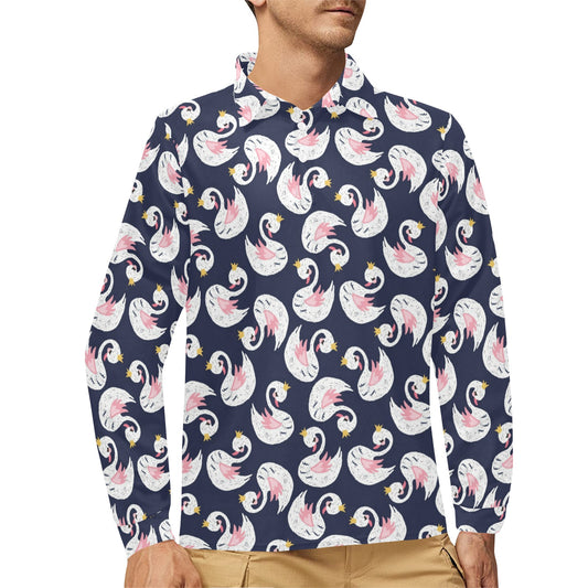 Swan Print Design LKS403 Long Sleeve Polo Shirt For Men's