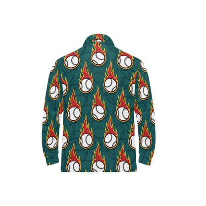 Baseball Fire Print Pattern Long Sleeve Polo Shirt For Men's